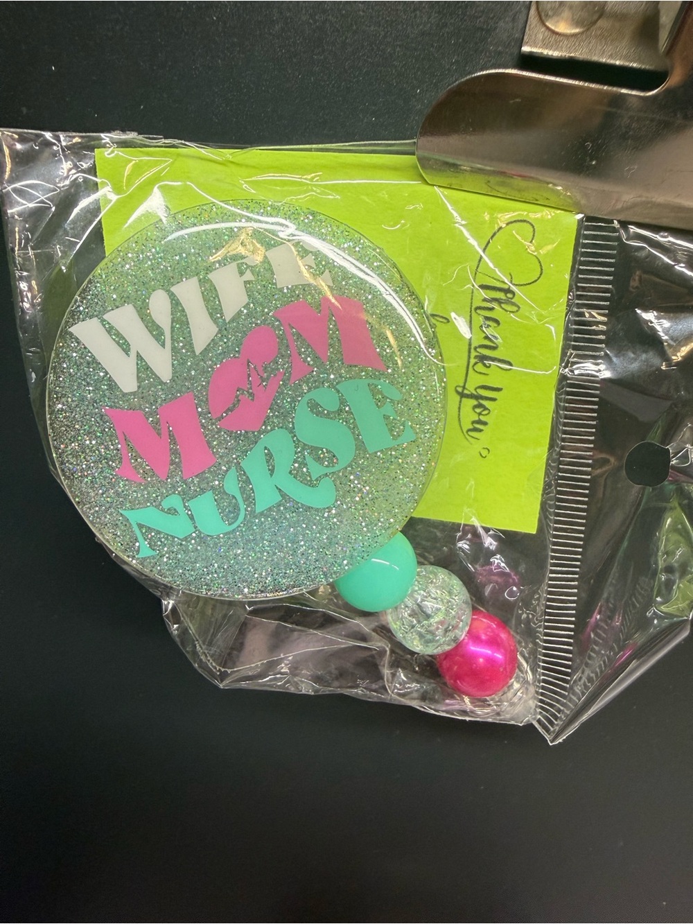 Wife Mom Nurse Glitter Badge Reel - Pink & Teal